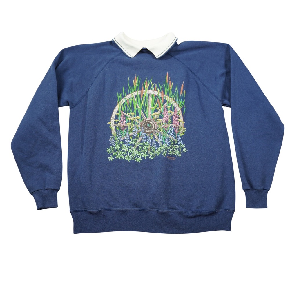 Vintage Morning Sun Wagon Wheel Wildflower Sweatshirt Navy Blue Large‎ USA Made